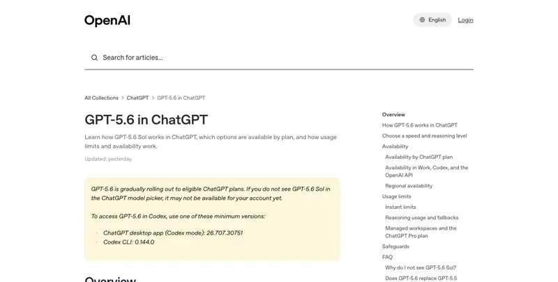 OpenAI Help Center article for GPT-5.6 in ChatGPT, showing the rollout notice and availability-by-plan navigation