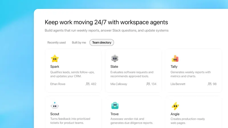 ChatGPT agent library showing team-built agents for lead outreach, software review, weekly reporting, product feedback, vendor risk, and marketing