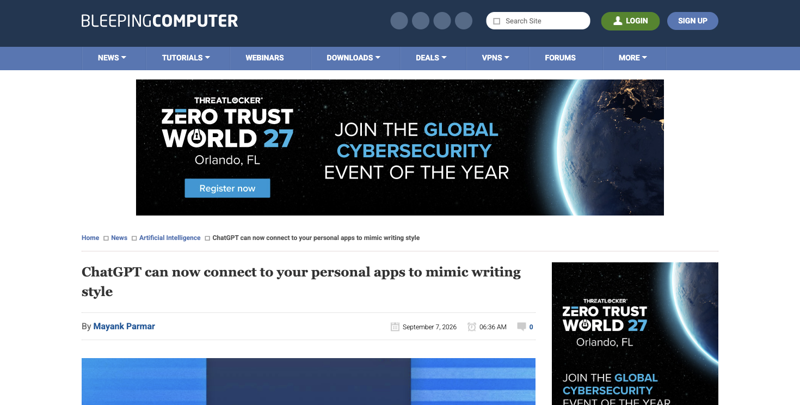 BleepingComputer’s report on ChatGPT’s new connected-apps writing style feature