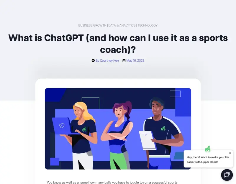 Coaching-platform article titled “What is ChatGPT (and how can I use it as a sports coach)?” with an illustration of three coaches