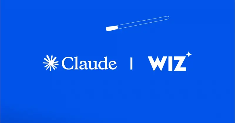 Wiz security graph visualization with Wiz and Claude logos paired against a blue background — the Wiz/Anthropic partnership graphic on the announcement page