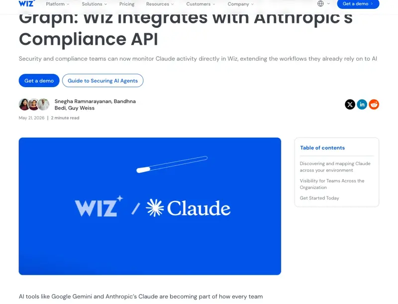 Wiz-Ankündigung “Claude Enterprise Meets the Security Graph: Wiz Integrates with Anthropic’s Compliance API,” 21. Mai 2026