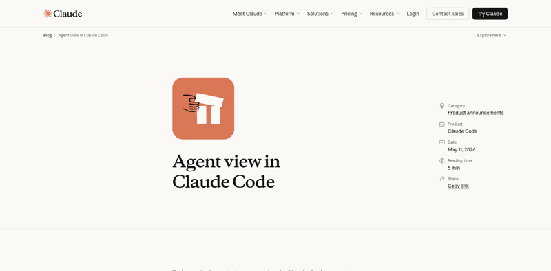 Anthropic’s official Agent View launch blog post (May 12, 2026)