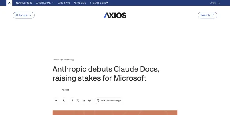Axios headline announcing Anthropic’s Claude Docs launch, September 16, 2026