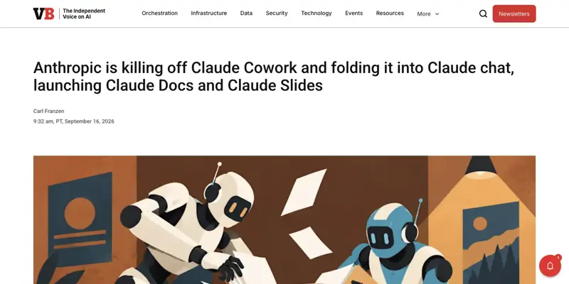 VentureBeat’s coverage of the Claude Cowork-to-chat merger and new Docs/Slides tools, September 16, 2026