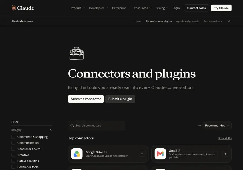 The Claude Marketplace page “Connectors and plugins” showing Top connectors with Show all 993, Google Drive and Gmail at the top