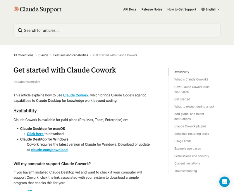 Anthropic’s Cowork help center — get started page