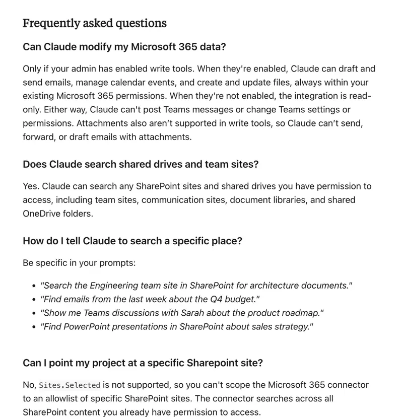 Claude’s Microsoft 365 help page answering whether Claude can modify your data