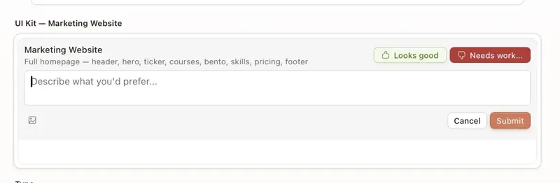The feedback interaction pattern — thumbs up/down + free-text critique