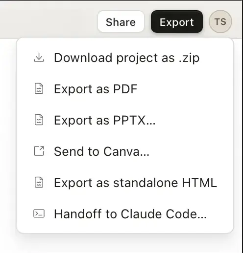The export menu — PDF, PPTX, Canva, HTML, Claude Code