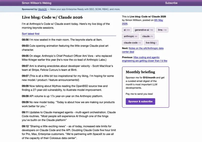 Simon Willison’s live blog of Code w/ Claude 2026 on May 6 — the in-person dev-press source for the dreaming launch context, including the talk-by-talk capture of how Anthropic positioned the four-feature drop