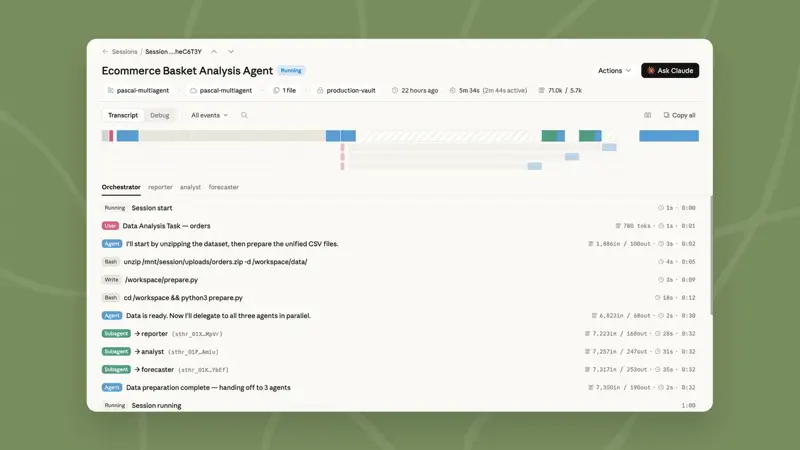 Interface des sessions Claude Managed Agents — c’est ici que tu configures la cadence de rêve et inspectes les diffs en mode review avant qu’ils n’atterrissent