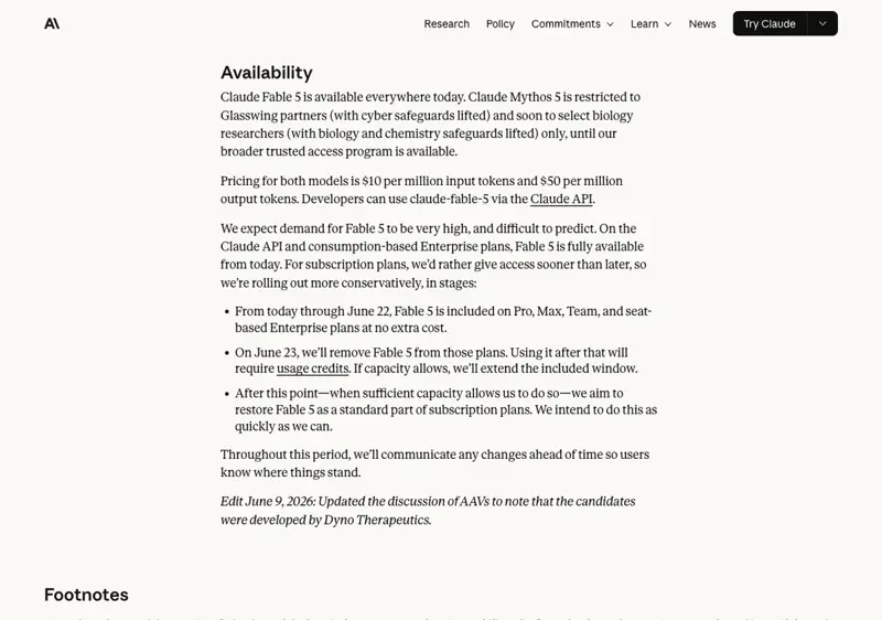 The Availability section of Anthropic’s Fable 5 announcement, stating that Fable 5 is included on Pro, Max, Team, and seat-based Enterprise plans at no extra cost through June 22, comes off those plans June 23, and then requires usage credits