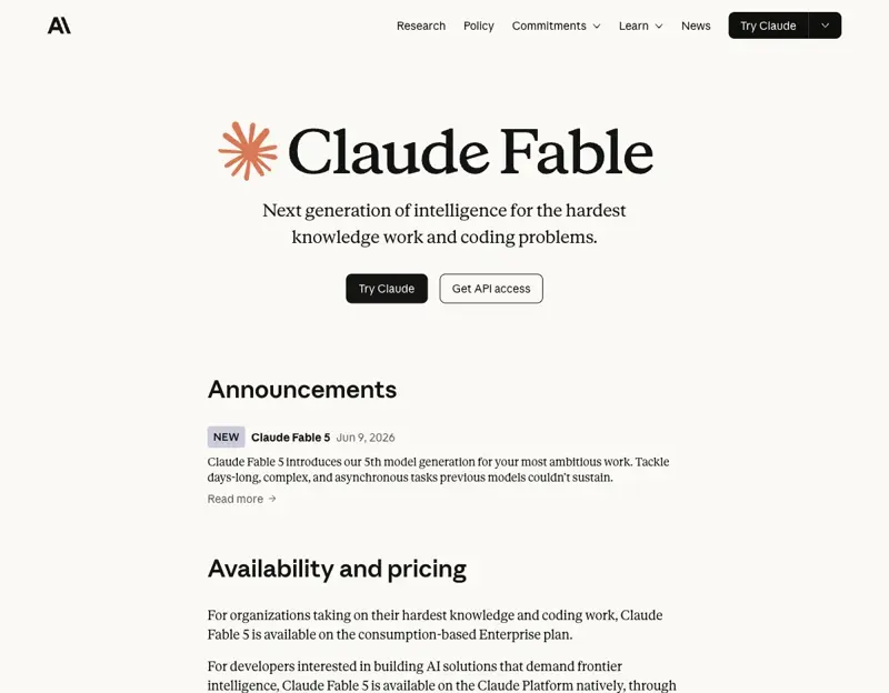 Anthropic’s Claude Fable product page, headlined “Next generation of intelligence for the hardest knowledge work and coding problems,” with the June 9, 2026 Fable 5 announcement and the availability and pricing section