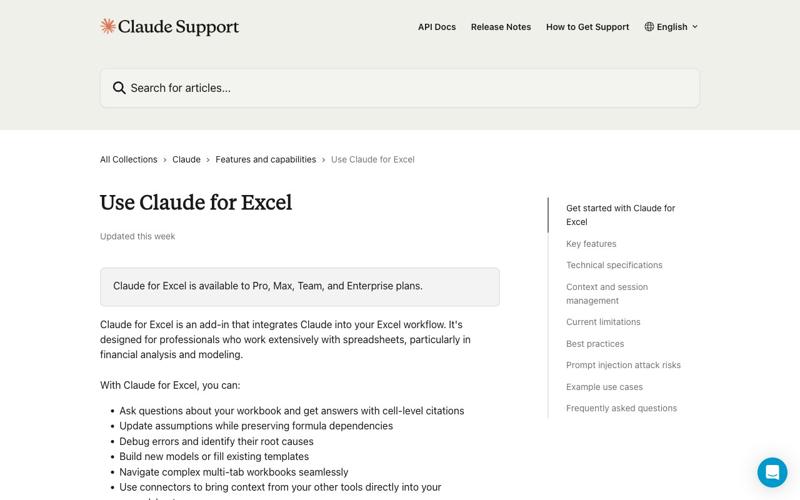 Anthropic help center: Use Claude for Excel