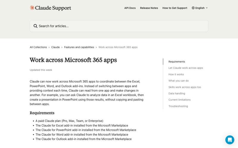 Anthropic help center: Work across Microsoft 365 apps documentation