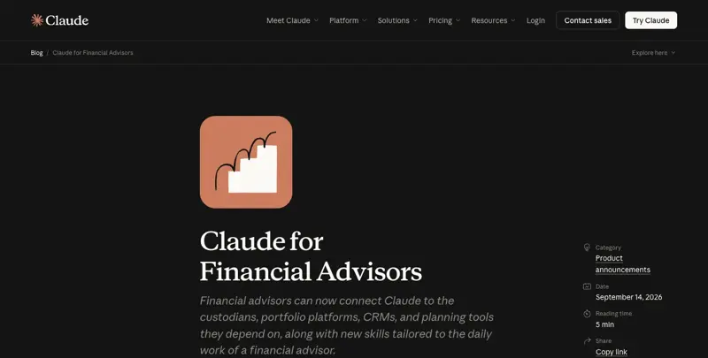 Anthropic’s official announcement page for Claude for Financial Advisors, showing the September 14, 2026 launch date and product description.