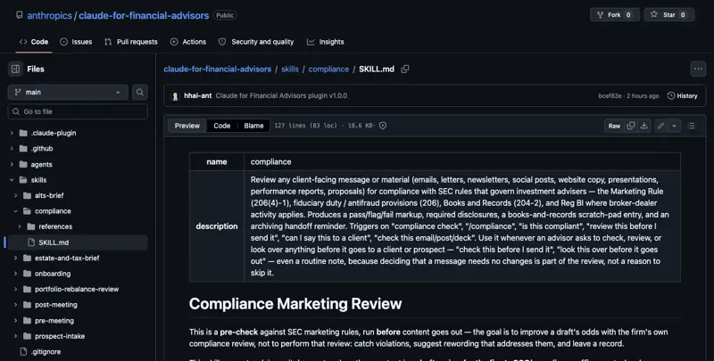 The compliance skill’s SKILL.md on GitHub, showing it’s scoped to reviewing client-facing marketing materials, not a full AI-governance audit.