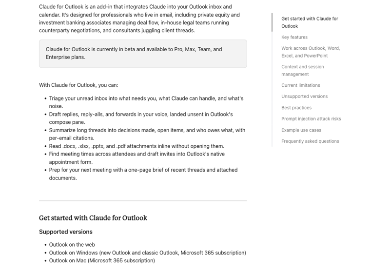 Die Hilfeseite von Claude for Outlook mit den Funktionen