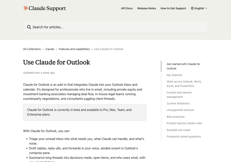 Claude for Outlook running as a side panel inside Outlook
