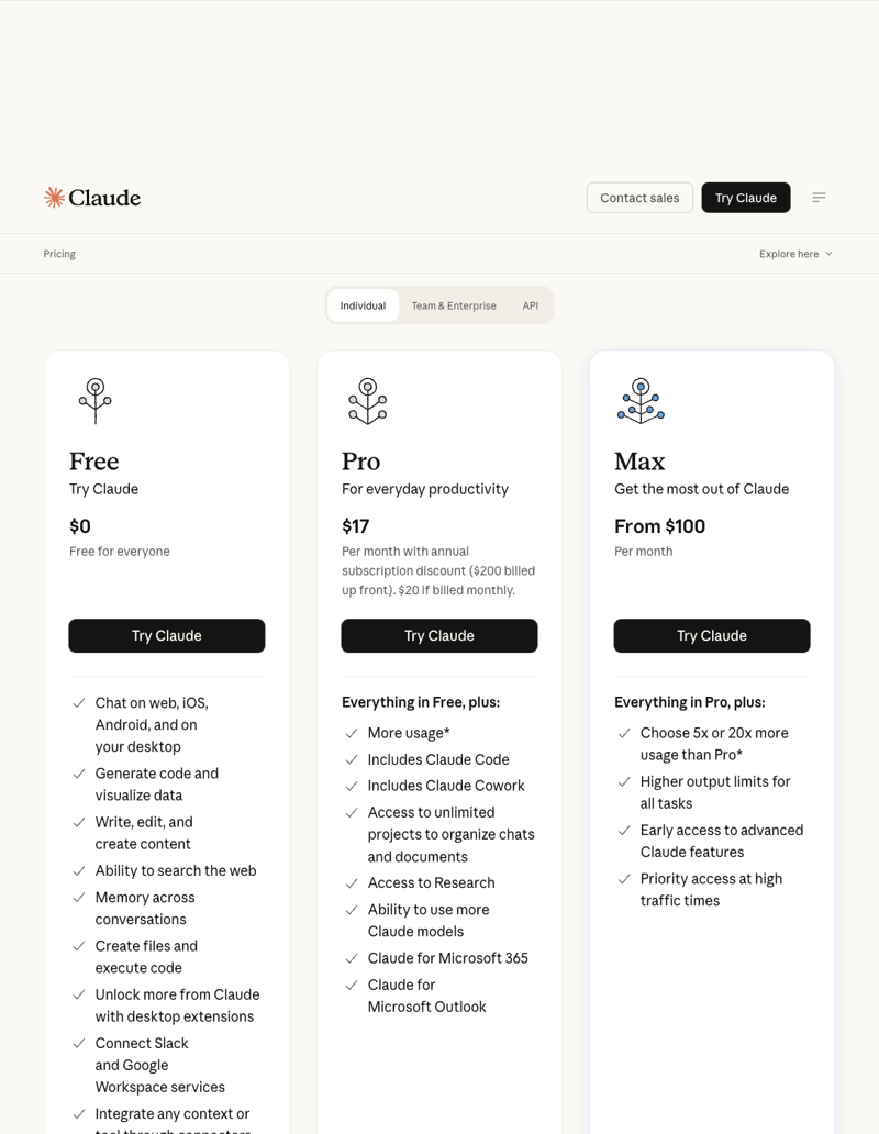 Claude’s plans and pricing on claude.com — Pro, Max, and Team tiers