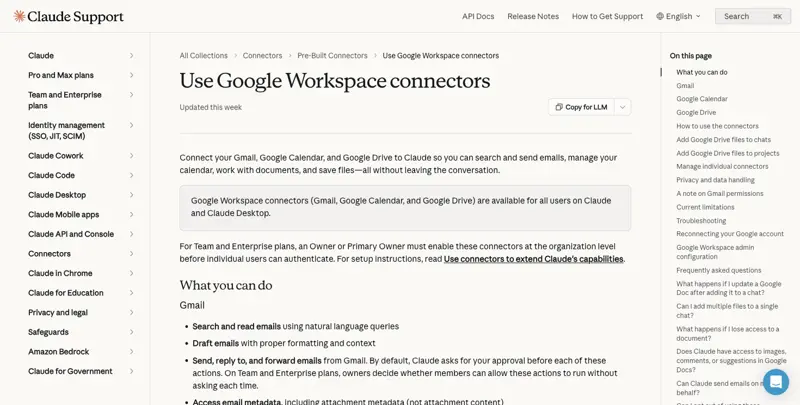 Anthropic’s Google Workspace connectors help documentation showing Gmail integration capabilities