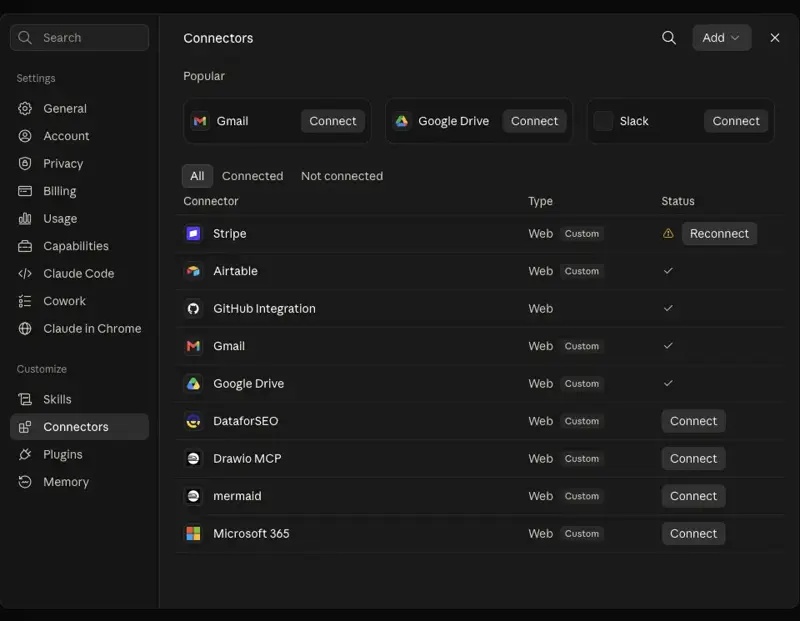 Claude.ai’s Connectors settings panel showing Gmail and Google Drive as connected, alongside Stripe, Airtable, and GitHub