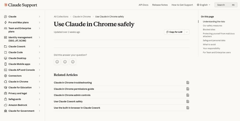 Anthropic’s official help-center article “Use Claude in Chrome safely,” recommending a separate browser profile for sensitive accounts