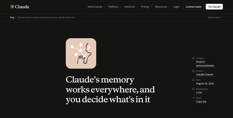 Anuncio oficial de Anthropic sobre la memoria unificada de Claude entre chat y Cowork