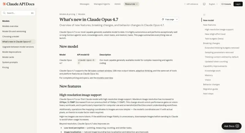 Anthropic’s official “What’s New in Claude Opus 4.7” documentation page describing the tokenizer change