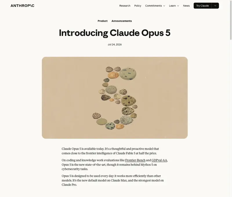 Anthropic의 공식 Claude Opus 5 발표 페이지 (2026년 7월 24일)