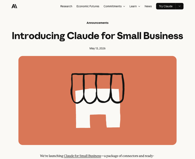 Page officielle du lancement Claude for Small Business, 13 mai 2026