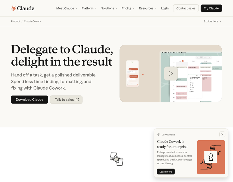 Claude Cowork’s product page describing the same engine the SMB month-end-close workflow runs on — “Claude Code power for knowledge work” with explicit human-approval gates.