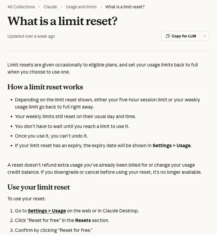 Anthropic’s Claude Help Center article “What is a limit reset?” explaining how a limit reset works and how to use it