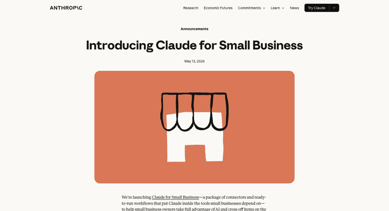 Anthropic’s Claude for Small Business launch announcement (May 13, 2026)
