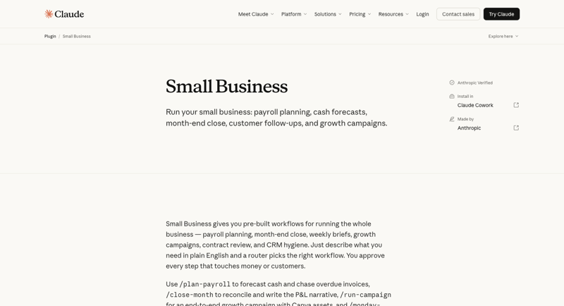 Claude for Small Business plugin landing page