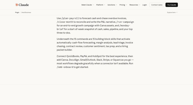 Claude for Small Business workflow commands — /plan-payroll, /close-month, /run-campaign, /monday-brief