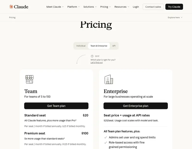 Claude pricing page screenshot showing the Team & Enterprise tab: Team for 5-150 with $20 Standard / $100 Premium per seat per month, Enterprise with $20/seat plus usage at API rates and “All Team plan features, plus” added admin controls