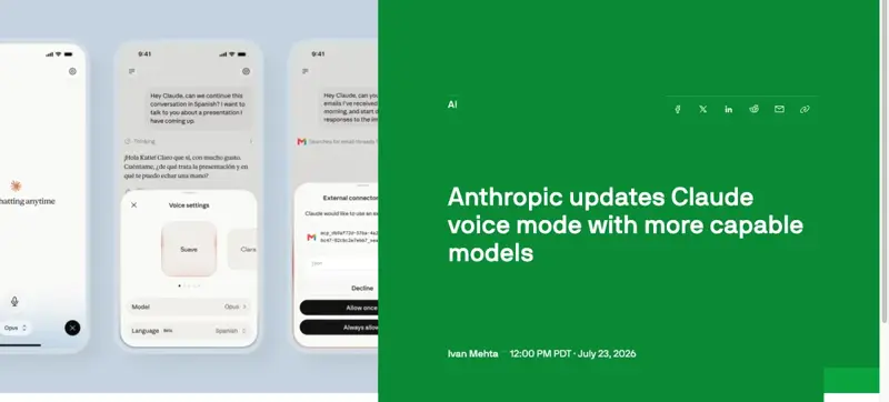 Anthropic’s Claude Voice Mode shown on three phones, with a voice-settings panel offering different voices, a model picker set to Opus, and a language option — beside the TechCrunch headline announcing the July 23 2026 upgrade