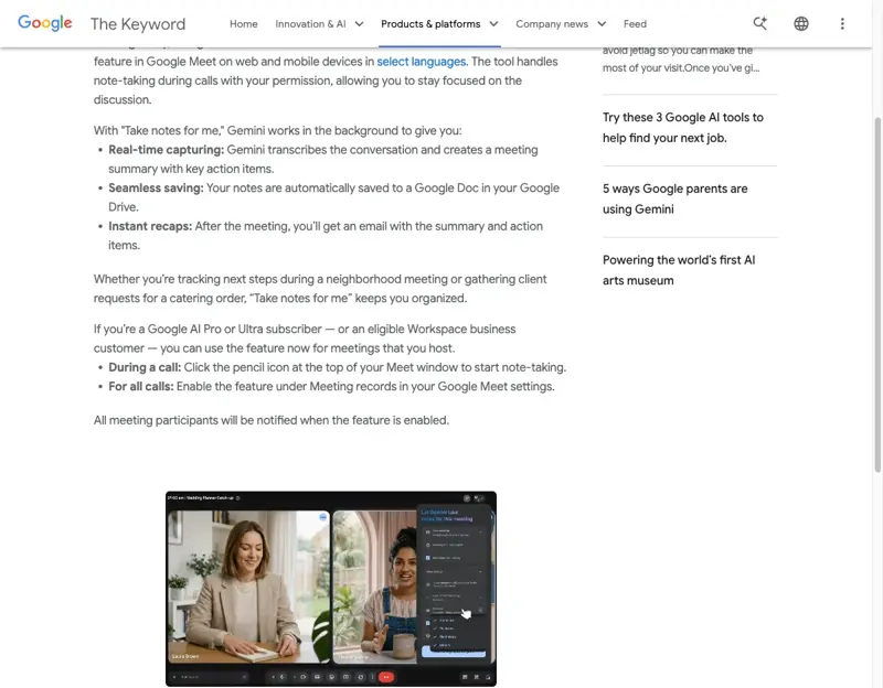 Google’s announcement of “Take notes for me” in Google Meet reaching AI Pro and Ultra subscribers
