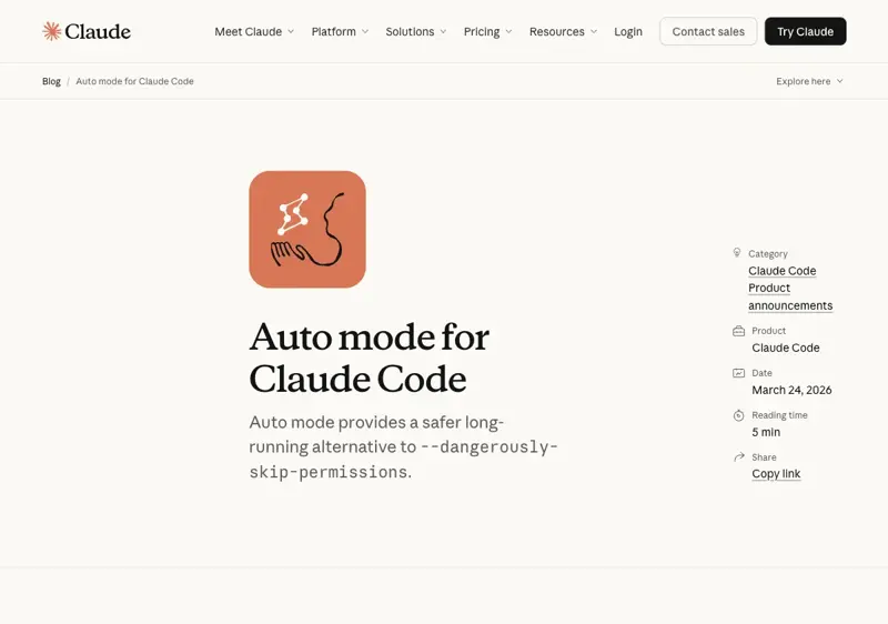 Página oficial de lanzamiento de Auto Mode de Anthropic, con fecha 24 de marzo de 2026 — confirma que la función se lanzó siete semanas antes del evento Code with Claude SF de hoy