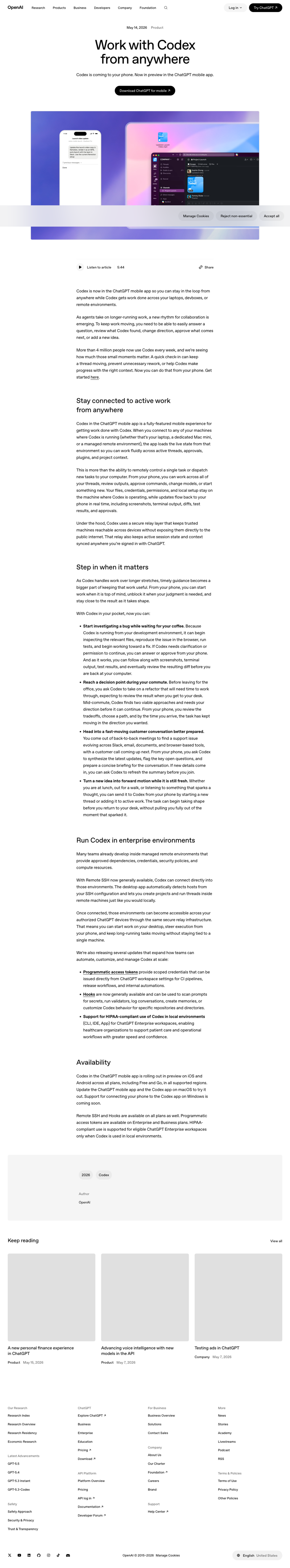 OpenAI’s official Codex Mobile launch announcement page on May 14, 2026, framed as “Work with Codex from anywhere.”