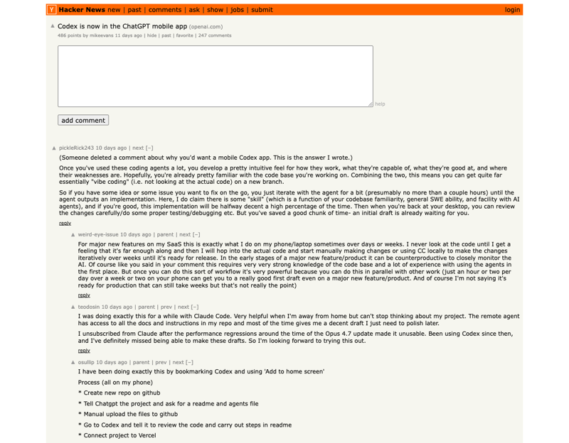 Hacker News thread reacting to the Codex Mobile launch — top comments describe the exact workflow OpenAI is shipping: long-running coding tasks that you steer from your phone over days.