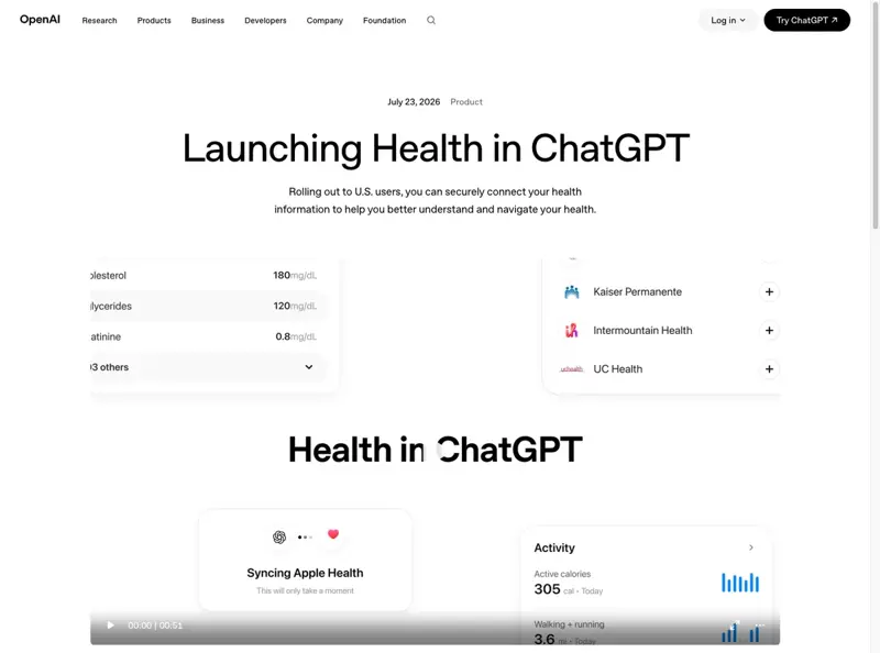 The Health in ChatGPT product page from OpenAI, describing connecting Apple Health and medical records for US users on Free, Go, Plus, and Pro plans