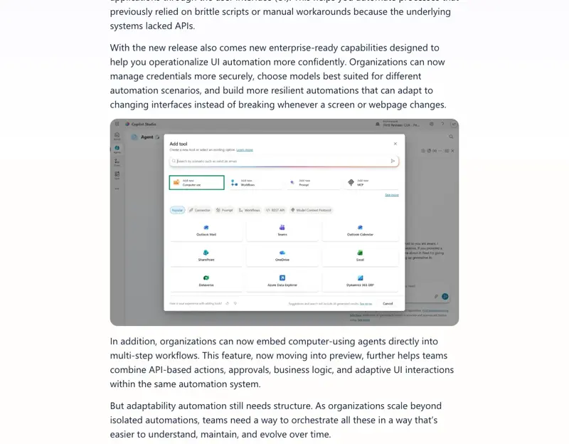 Screenshot from Microsoft’s blog showing the Copilot Studio interface for adding a new computer-use tool — the GA option that lets agents click through real apps and browsers without selector-based scripts