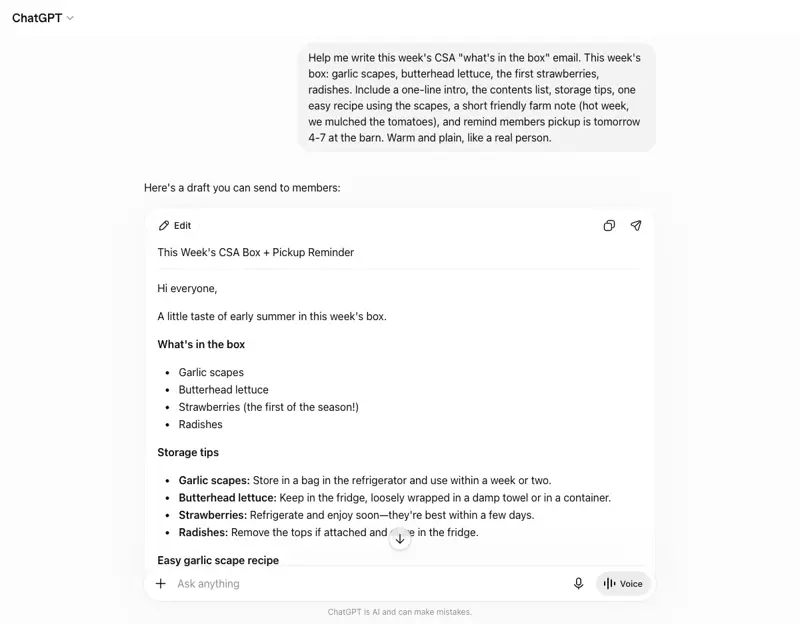 ChatGPT filling the weekly template from a two-line list of this week’s box