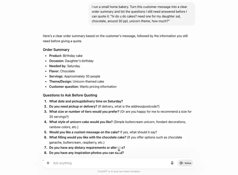 ChatGPT turning a messy “need a cake for sat” DM into a clean order summary plus the questions to ask before quoting.