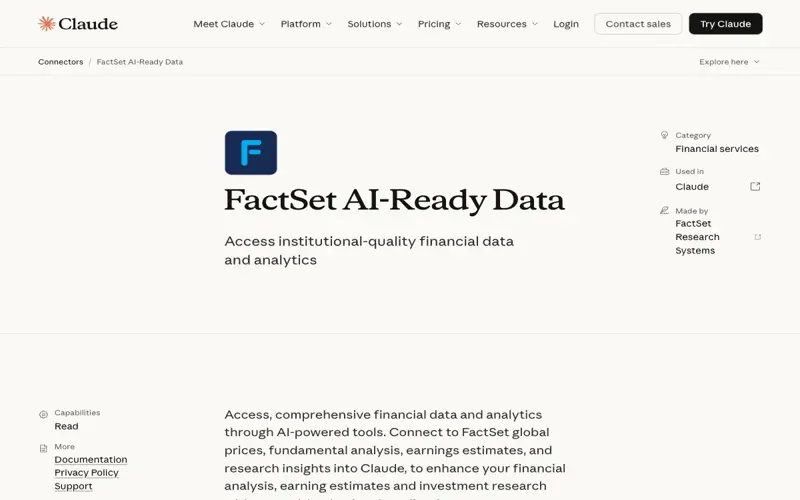 FactSet AI-Ready Data connector page in the Claude connectors directory, listing FactSet as a financial services connector made by FactSet Research Systems, with the tagline “Access institutional-quality financial data and analytics”