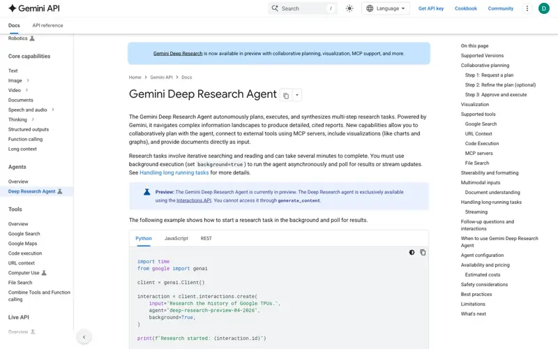 Gemini API developer documentation page for the Deep Research Agent, showing the preview banner and a Python code example for kicking off a background research task via the Interactions API