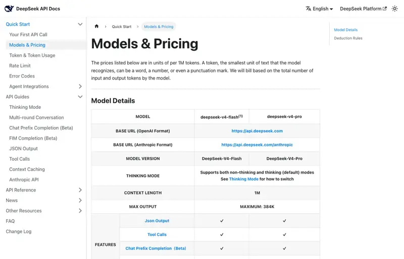 DeepSeek API official Models & Pricing page — V4 Pro and V4 Flash with promo and list tiers